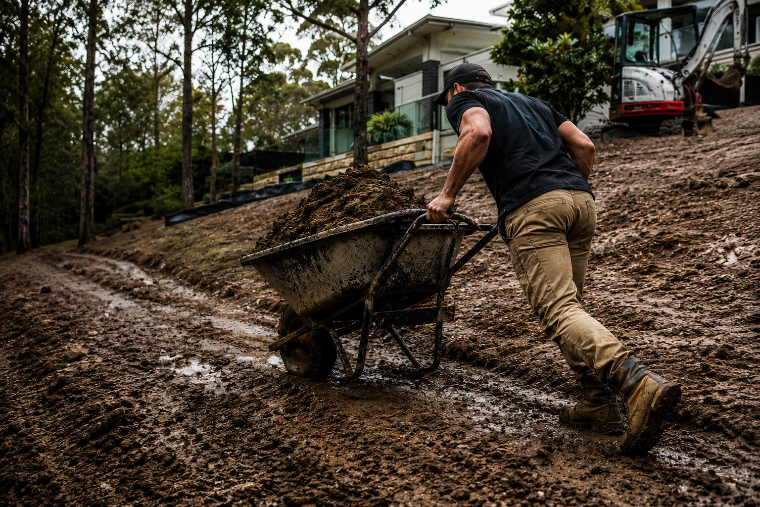 Manual wheelbarrow labour on job site